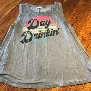 Day Drinkin Retro Sunset Graphic Tank Top Gray Sleeveless Rayon Blend Large